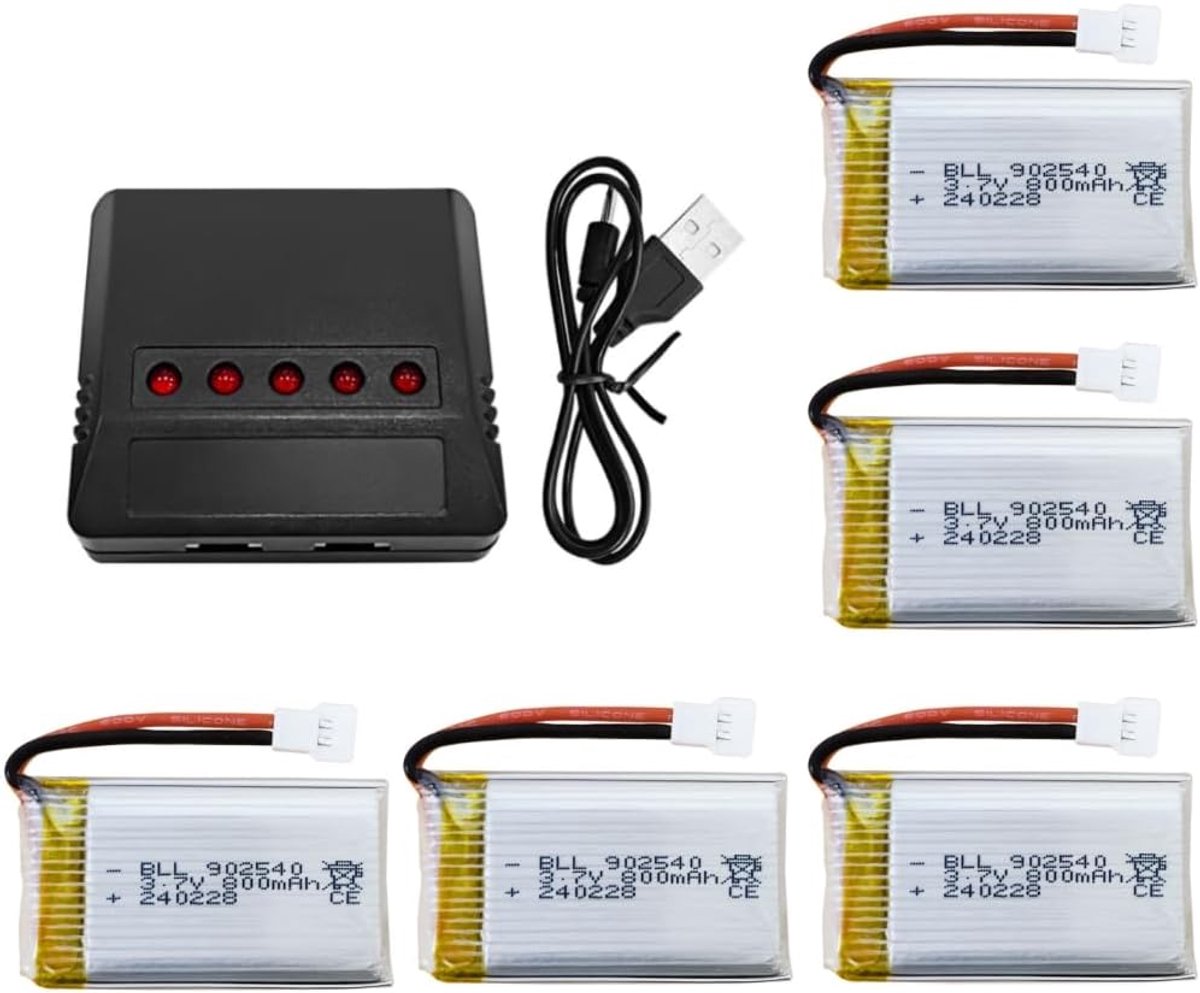 5Pcs 3.7V 800mAh Lithium Battery with Charger 5-in-1 for MJX X708W X709 UDI U45 U45W U42 U42W E32HW Syma X5C X5SC X5SW - ShopVlot