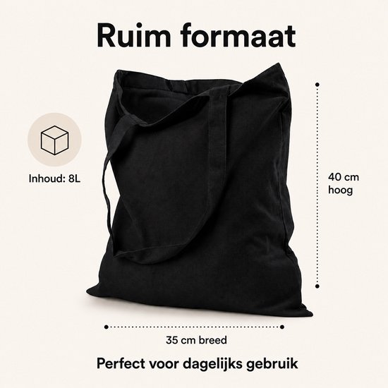 Een zwarte canvas tas van 35x40 cm, met 8L inhoud, perfect voor dagelijks gebruik.