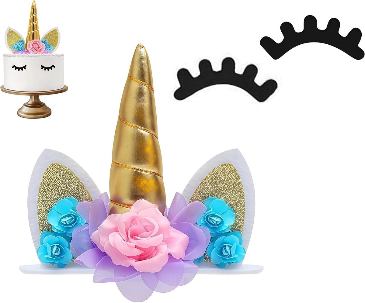 Unicorn Cake Topper, Reusable Cake Decoration with Horn, Ears and Eyelashes, Cute Unicorn Cake Decoration for Kids - ShopVlot