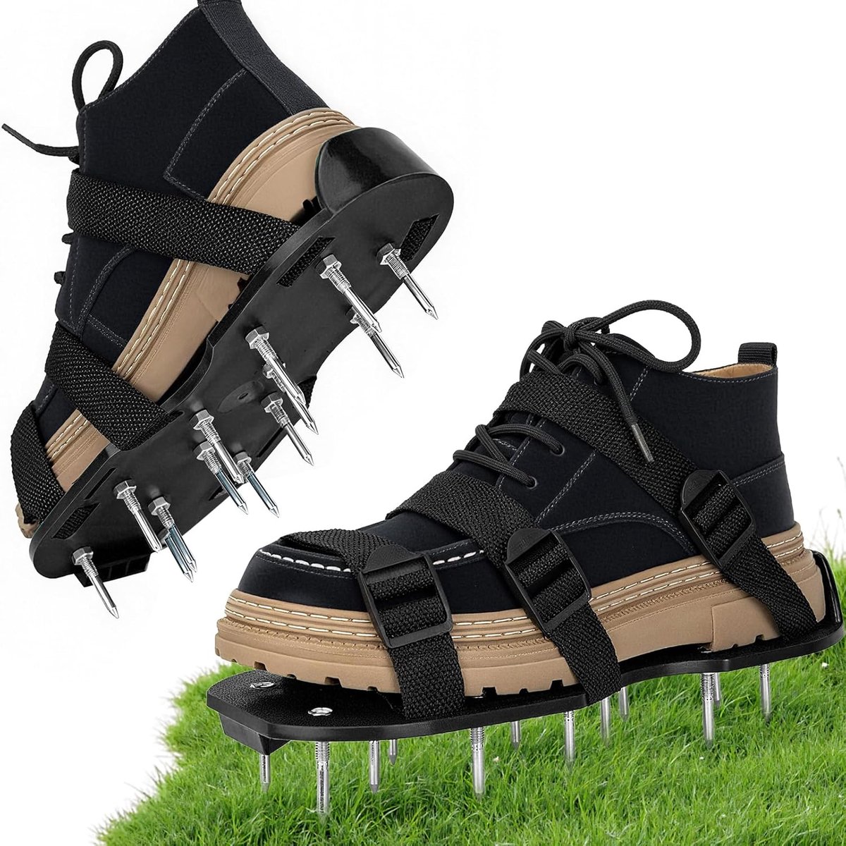 Lawn Aerator Shoes Double Straps on instep Heavy Duty Spiked Aeration Sandals Effective Aeration Universal Size - ShopVlot
