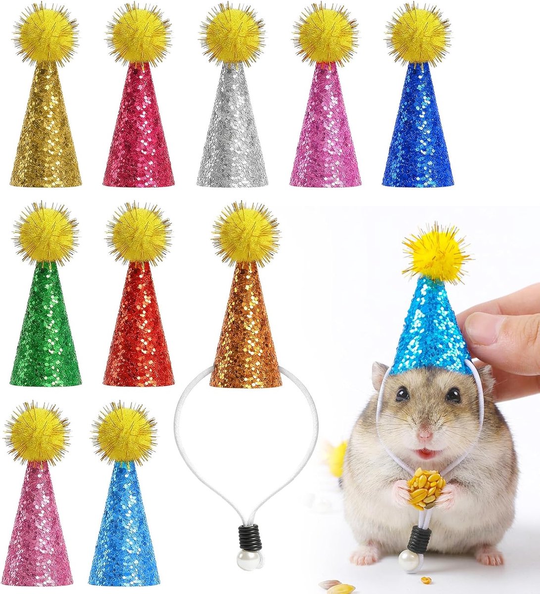 10 stuks kleine feesthoeden, mini-partyhoeden met verstelbare riem, kleurrijke glitter, partyhoed, dieren - ShopVlot