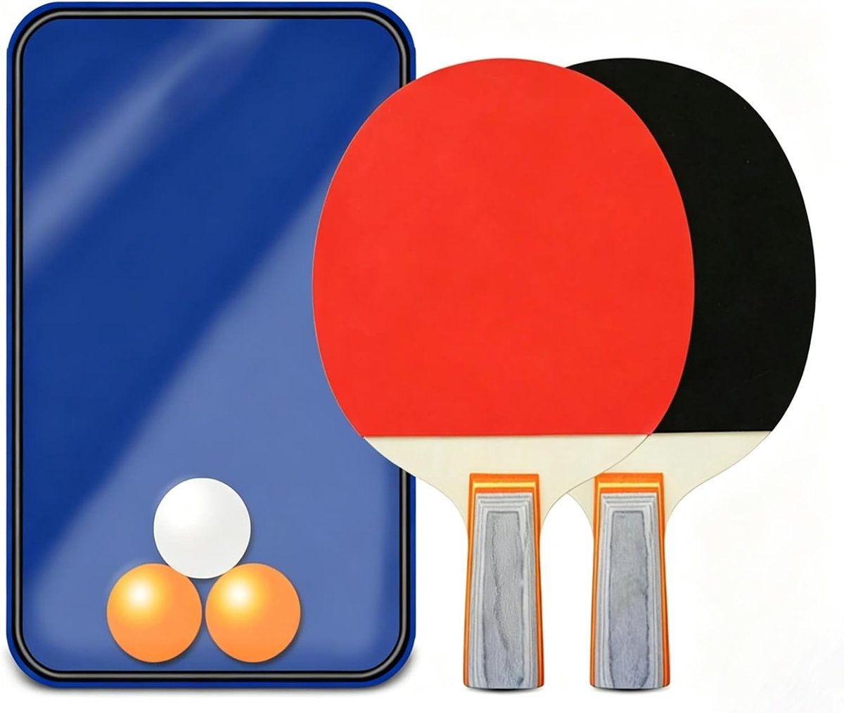 6-delige tafeltennisset, 2 klassieke grijze tafeltennisrackets met korte steel, 3 tafeltennisballen, 1 opbergtas - ShopVlot