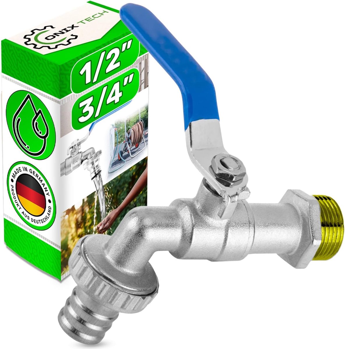 Ball valve for garden hose, Ø 1/2 inch x 3/4 inch, nickel-plated brass, made in Germany, 5 year warranty ONIX TECH - ShopVlot