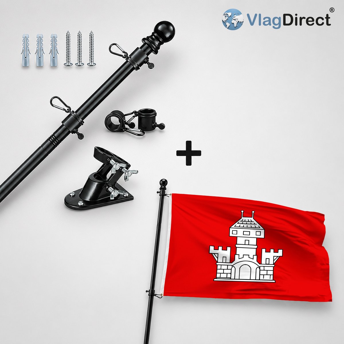 VlagDirect - Compleet vlaggenpakket - Zwarte vlaggenstok inclusief vlaggenstokhouder + Gemeente Braives vlag - 90 x 150 cm.