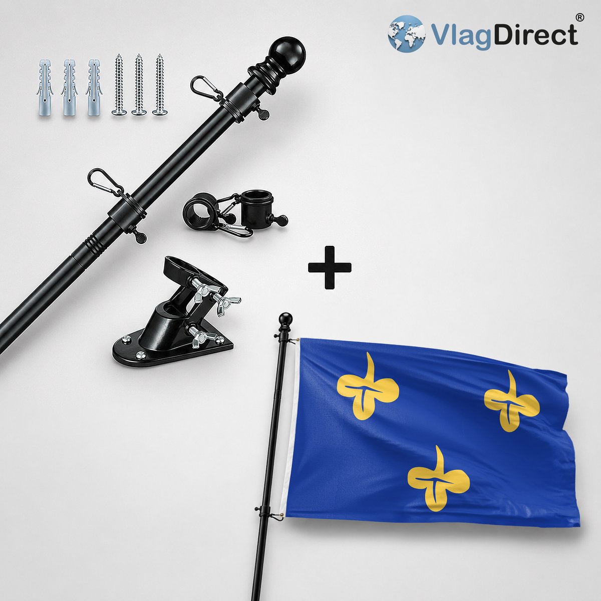 VlagDirect - Compleet vlaggenpakket - Zwarte vlaggenstok inclusief vlaggenstokhouder + Zoeterwoude vlag - Gemeente Zoeterwoude vlag - 90 x 150 cm.