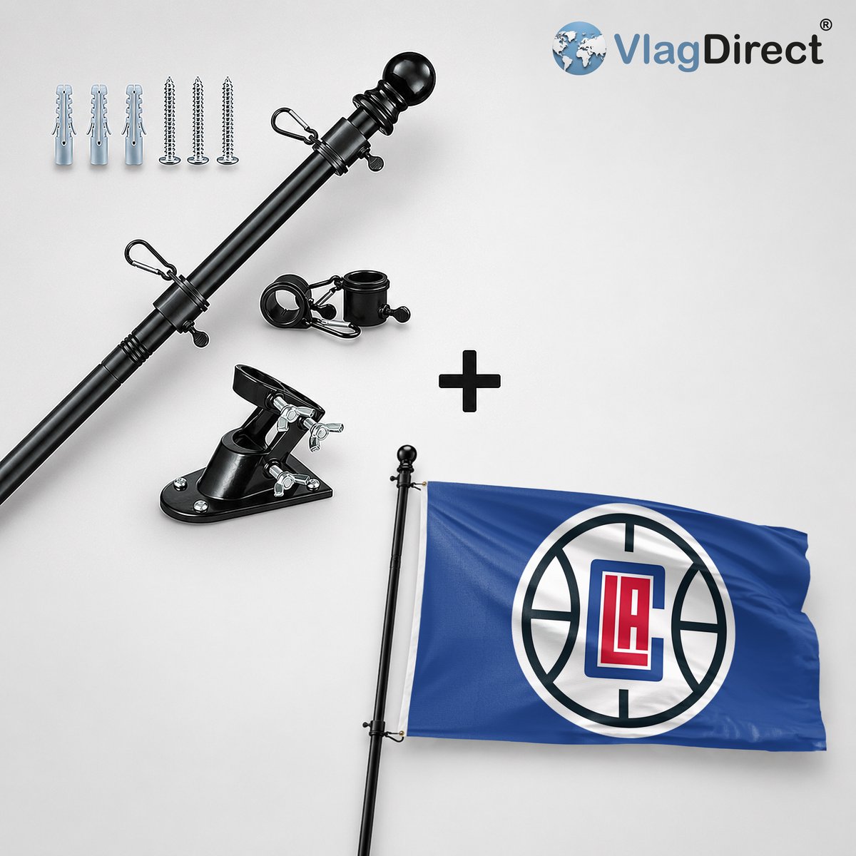 VlagDirect - Compleet vlaggenpakket - Zwarte vlaggenstok inclusief vlaggenstokhouder + LA Clippers vlag - LA Clippers basketbalteam vlag - 90 x 150 cm.