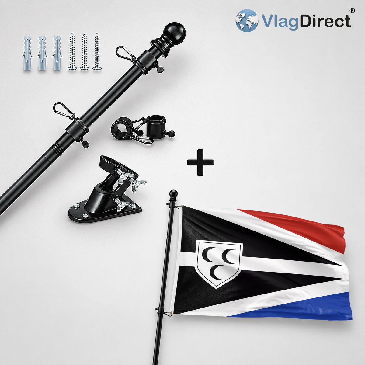VlagDirect - Compleet vlaggenpakket - Zwarte vlaggenstok inclusief vlaggenstokhouder + Krimpen aan den IJssel vlag - Gemeente Krimpen aan den IJssel vlag - 90 x 150 cm.