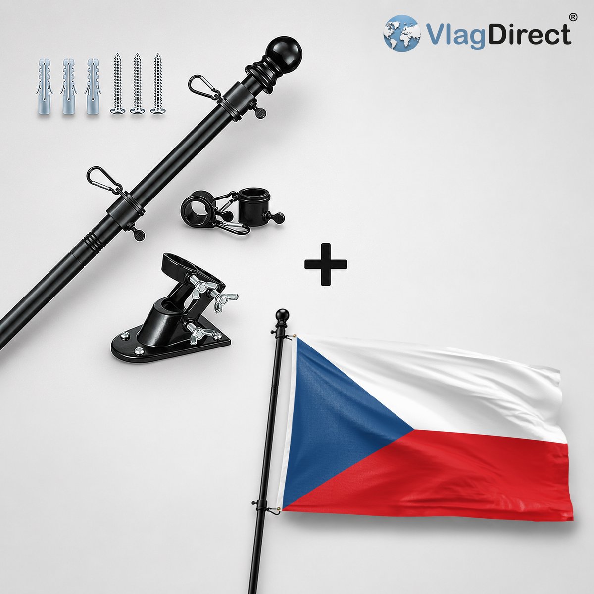 VlagDirect - Compleet vlaggenpakket - Zwarte vlaggenstok inclusief vlaggenstokhouder + Tsjechische vlag - Tsjechië vlag - 90 x 150 cm.