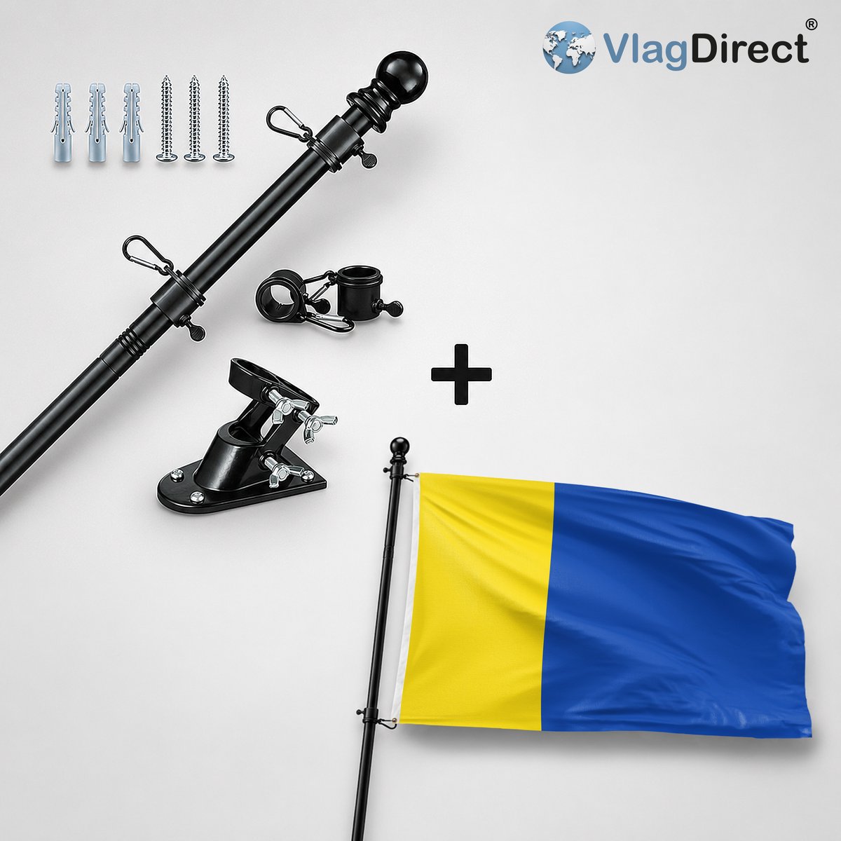 VlagDirect - Compleet vlaggenpakket - Zwarte vlaggenstok inclusief vlaggenstokhouder + Uden vlag - Gemeente Uden vlag - 90 x 150 cm.