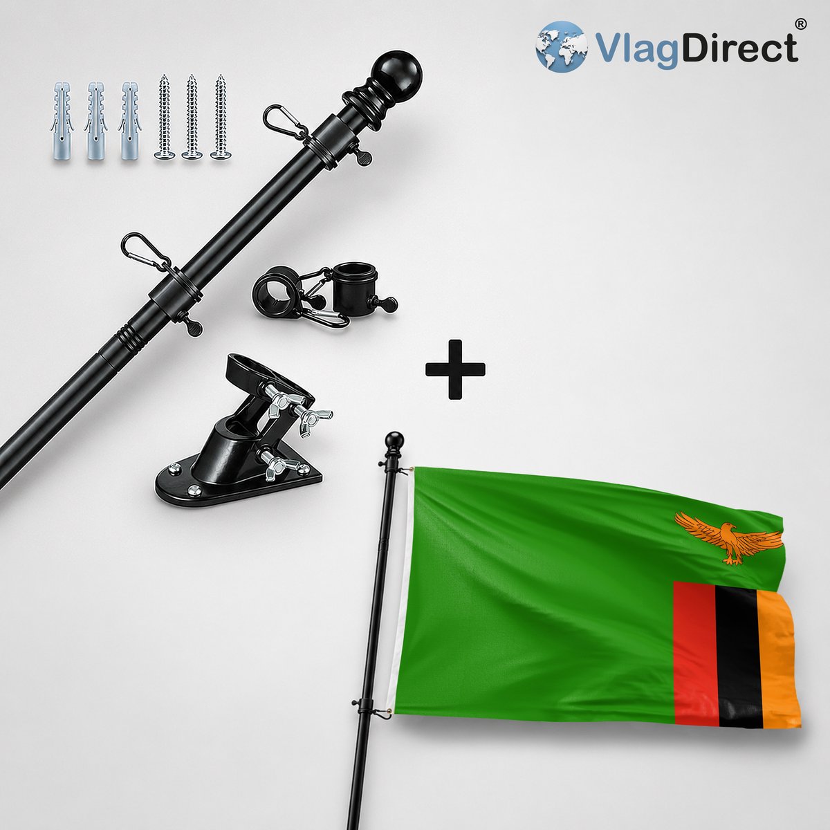 VlagDirect - Compleet vlaggenpakket - Zwarte vlaggenstok inclusief vlaggenstokhouder + Zambiaanse vlag - Zambia vlag - 90 x 150 cm