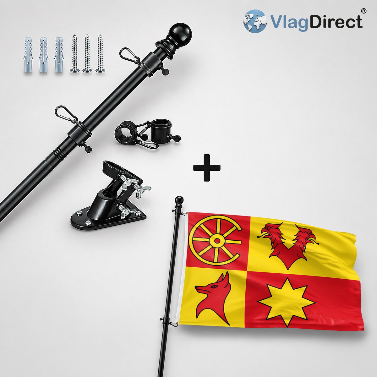 VlagDirect - Compleet vlaggenpakket - Zwarte vlaggenstok inclusief vlaggenstokhouder + Nieuwkoop vlag - Gemeente Nieuwkoop vlag - 90 x 150 cm.