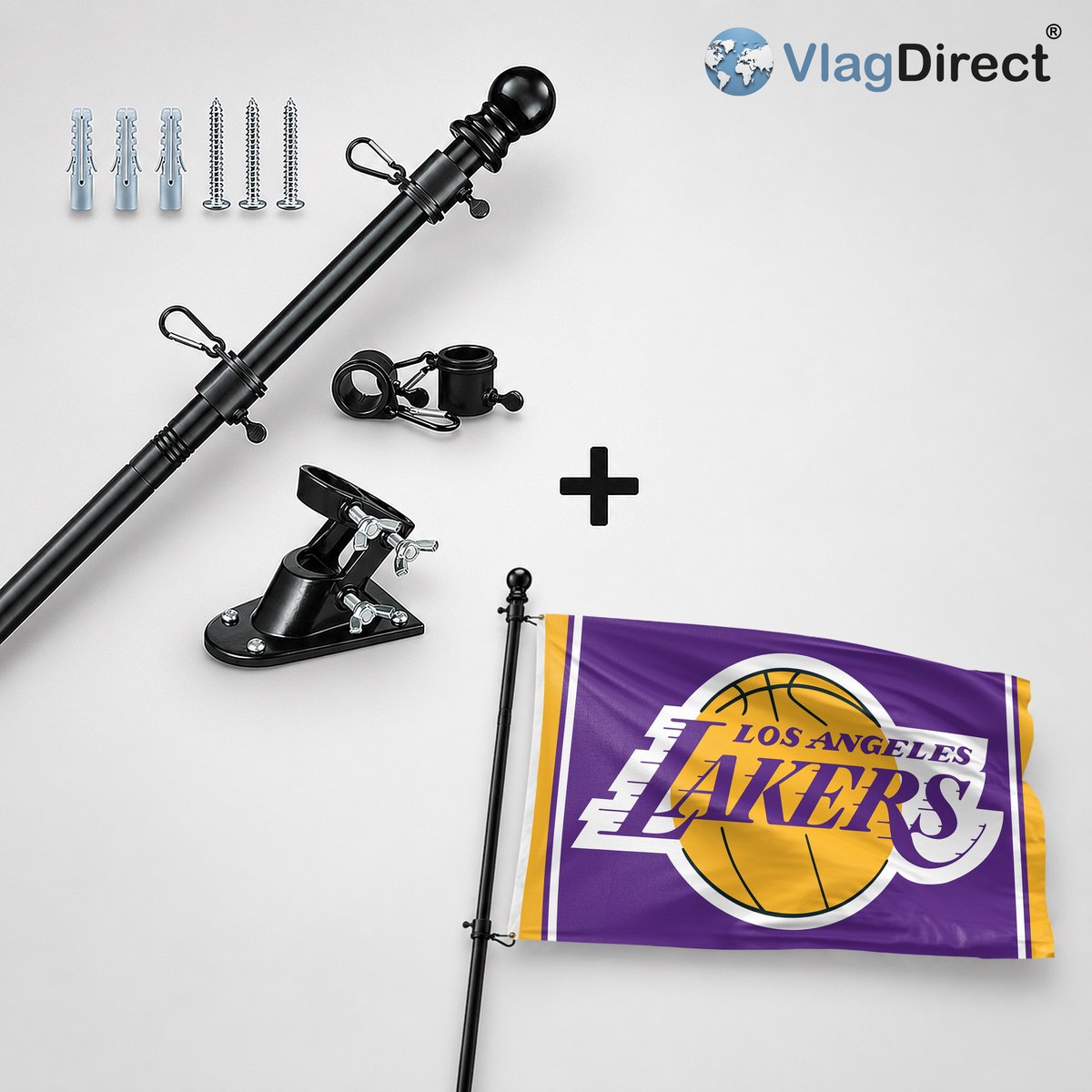 VlagDirect - Compleet vlaggenpakket - Zwarte vlaggenstok inclusief vlaggenstokhouder + Los Angeles Lakers vlag - Los Angeles Lakers basketbalteam vlag - 90 x 150 cm.