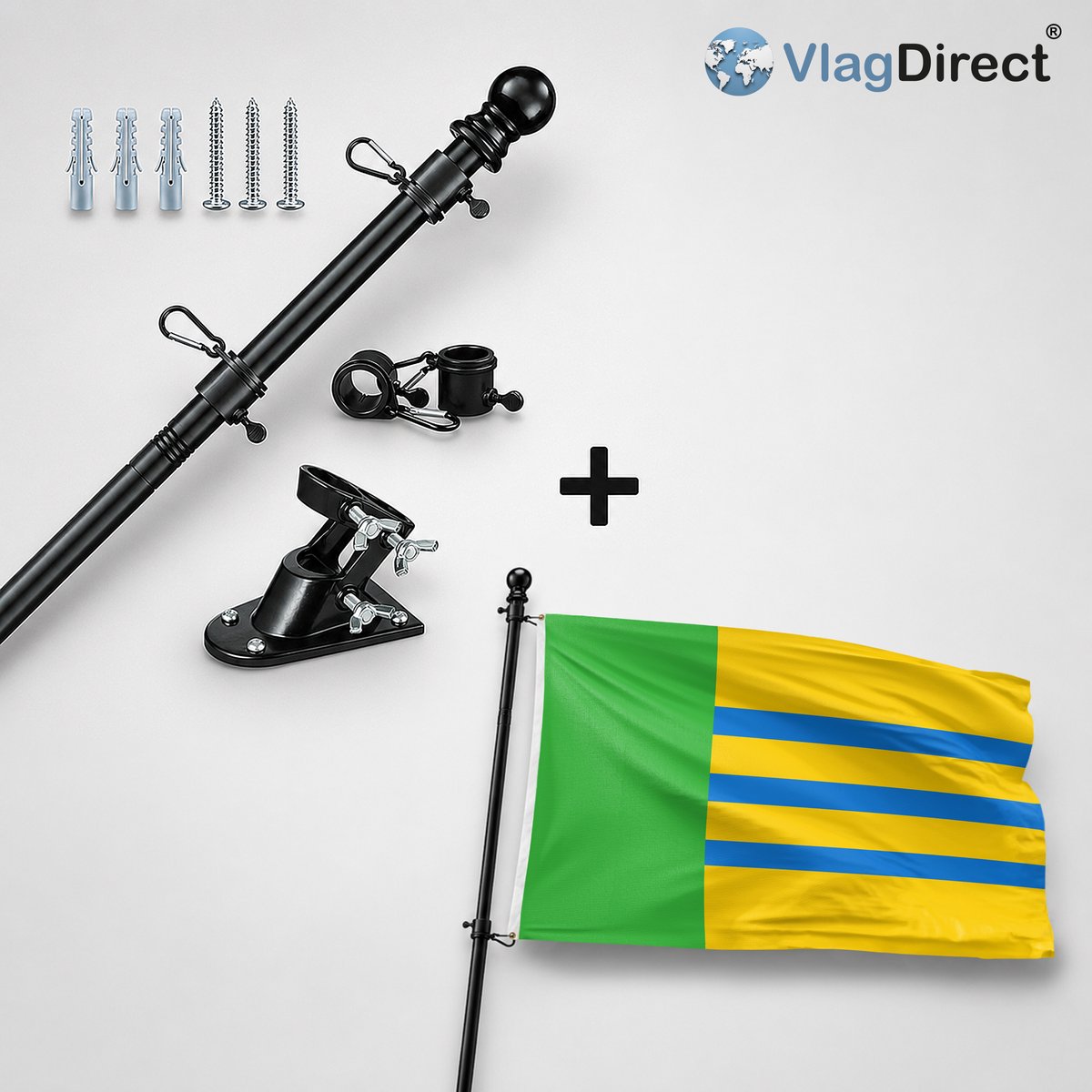 VlagDirect - Compleet vlaggenpakket - Zwarte vlaggenstok inclusief vlaggenstokhouder + Woensdrecht vlag - Gemeente Woensdrecht vlag - 90 x 150 cm.