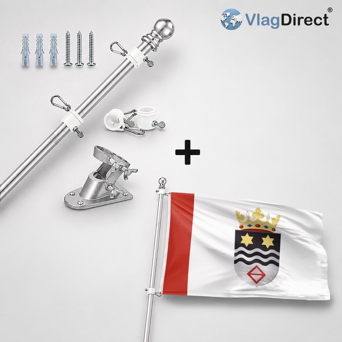 VlagDirect - Compleet vlaggenpakket - Zilveren vlaggenstok inclusief vlaggenstokhouder + Noord-Beveland vlag - Gemeente Noord-Beveland vlag - 90 x 150 cm.