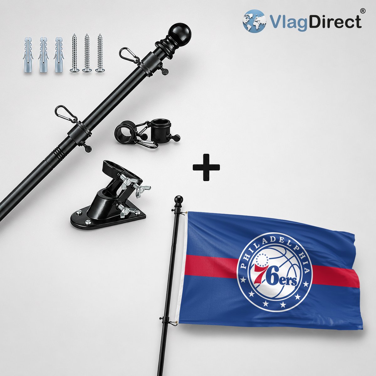 VlagDirect - Compleet vlaggenpakket - Zwarte vlaggenstok inclusief vlaggenstokhouder + Philadelphia 76ers vlag - Philadelphia 76ers basketbalteam vlag - 90 x 150 cm.