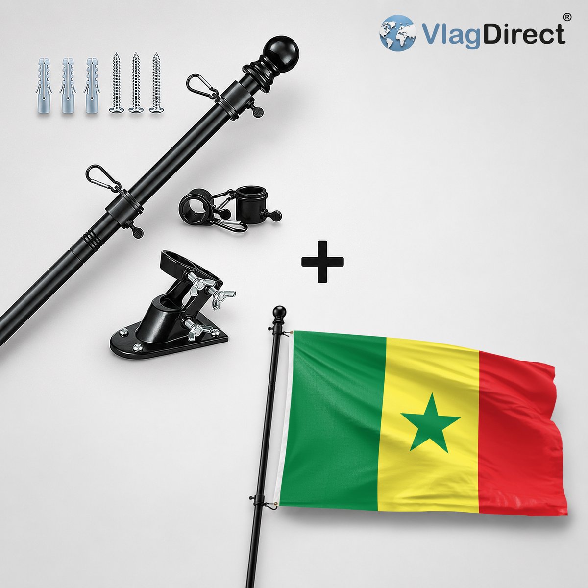 VlagDirect - Compleet vlaggenpakket - Zwarte vlaggenstok inclusief vlaggenstokhouder + Senegalese vlag - Senegal vlag - 90 x 150 cm.