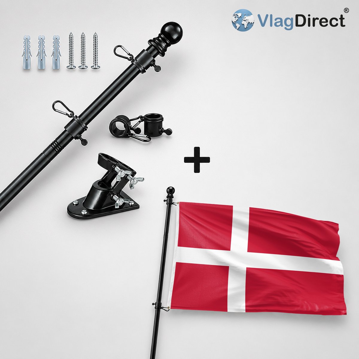 VlagDirect - Compleet vlaggenpakket - Zwarte vlaggenstok inclusief vlaggenstokhouder + Deense vlag - Denemarken vlag - 90 x 150 cm.