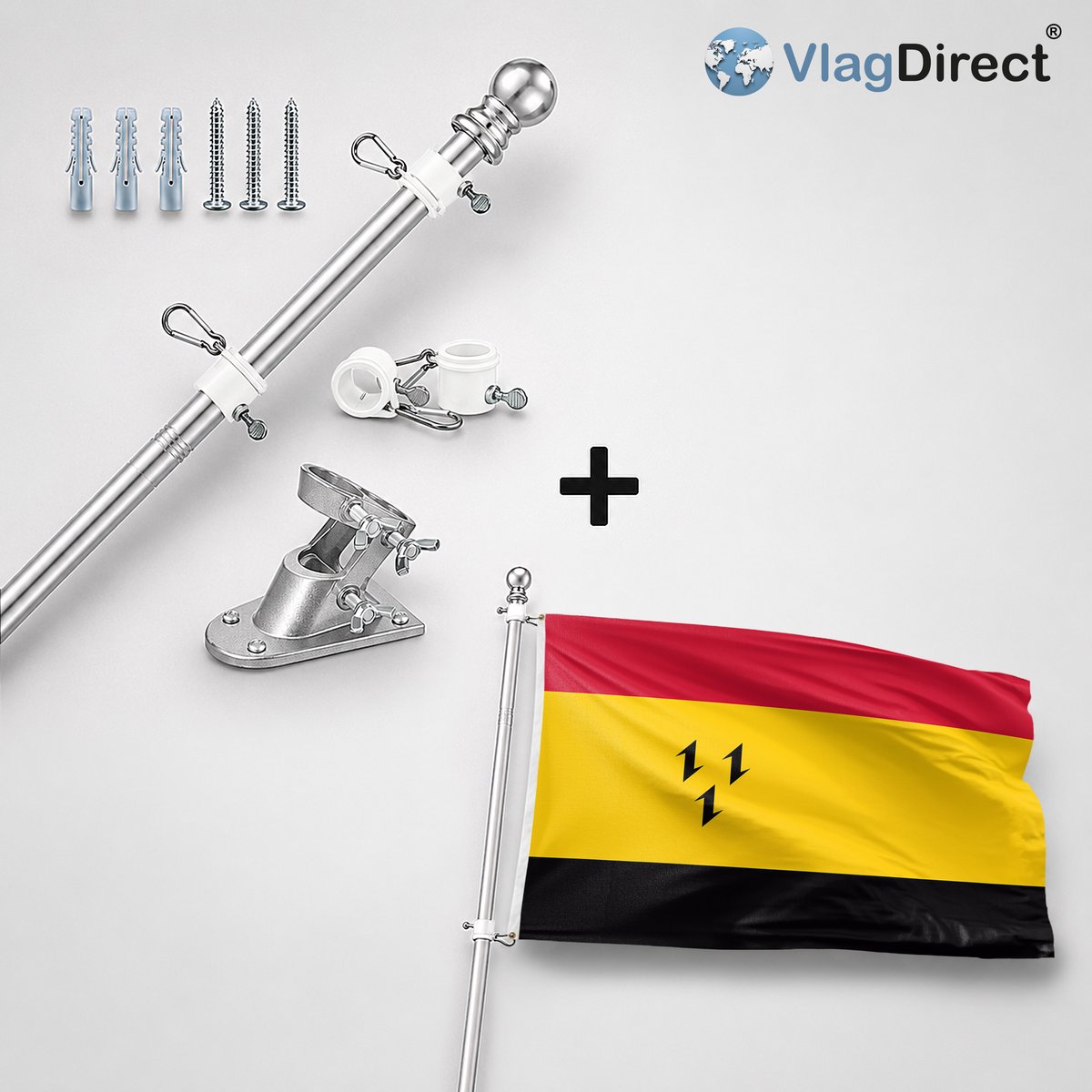VlagDirect - Compleet vlaggenpakket - Zilveren vlaggenstok inclusief vlaggenstokhouder + Purmerend vlag - Gemeente Purmerend vlag - 90 x 150 cm.