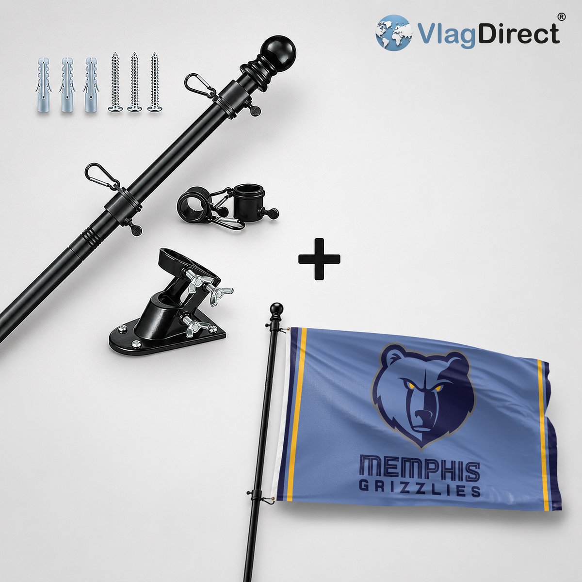 VlagDirect - Compleet vlaggenpakket - Zwarte vlaggenstok inclusief vlaggenstokhouder + Memphis Grizzlies vlag - Memphis Grizzlies basketbalteam vlag - 90 x 150 cm.