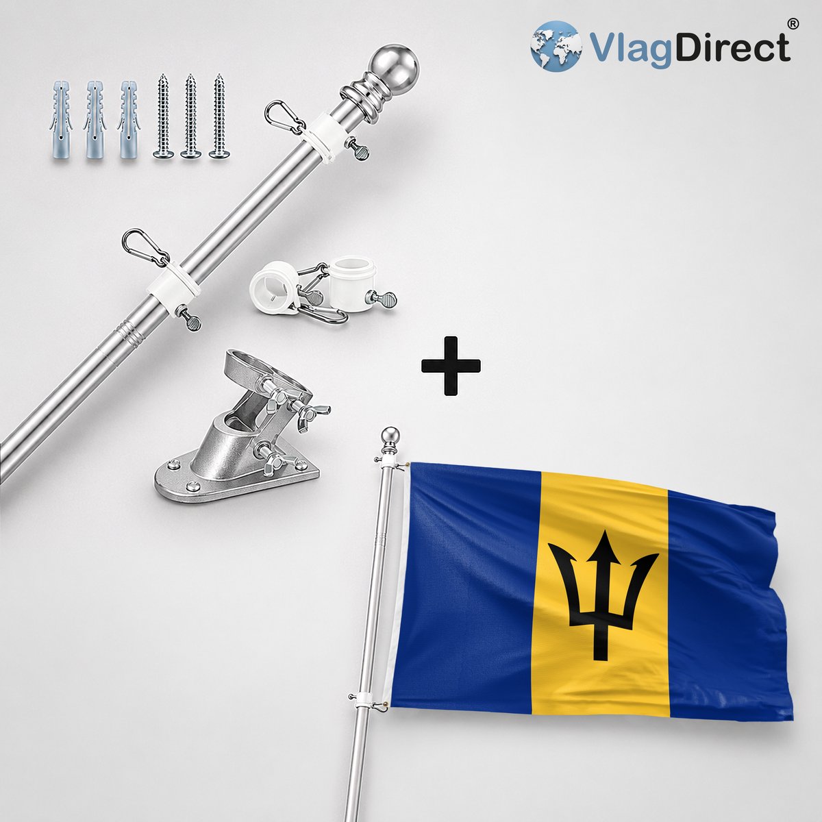 VlagDirect - Compleet vlaggenpakket - Zilveren vlaggenstok inclusief vlaggenstokhouder + Barbadiaanse vlag - Barbados vlag - 90 x 150 cm.