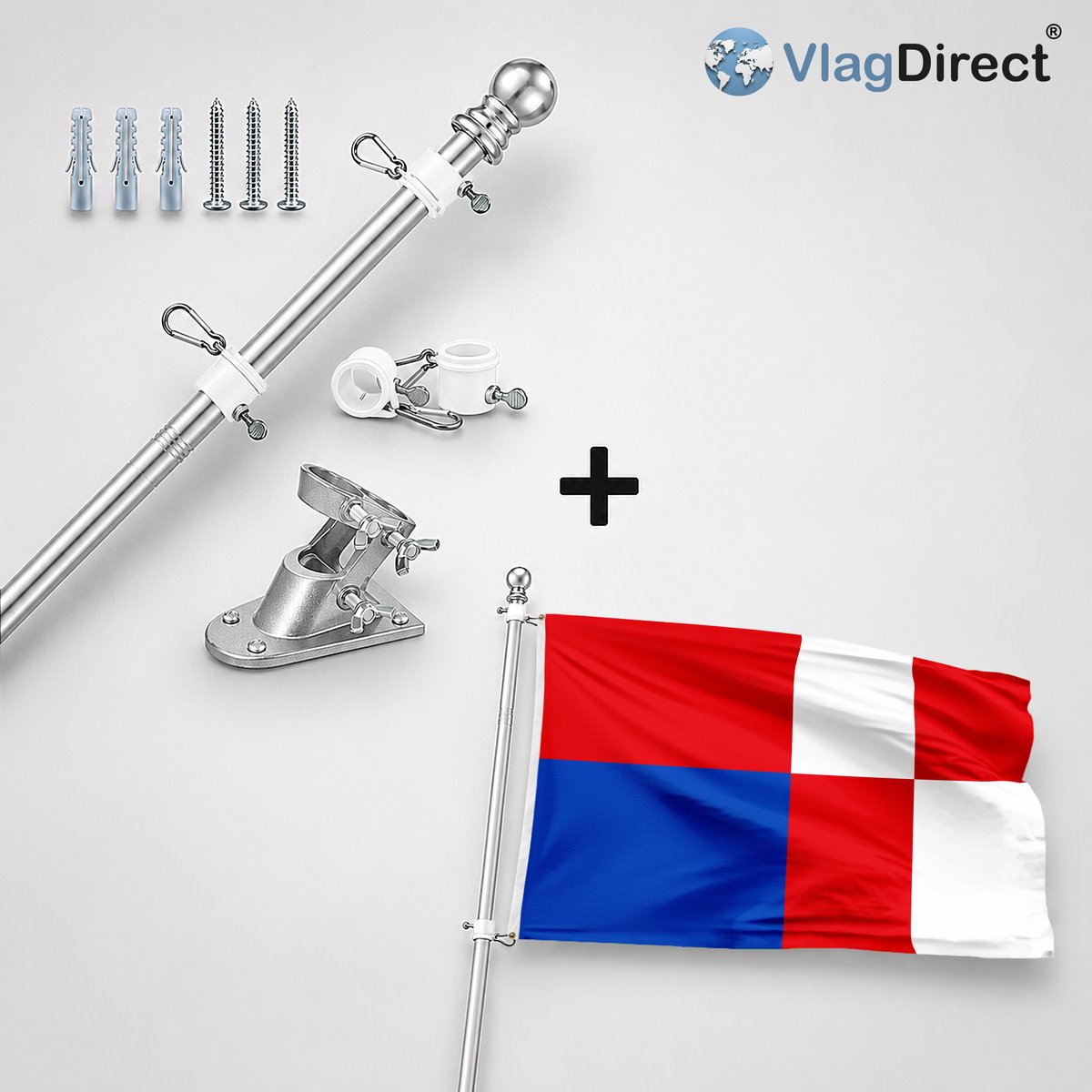 VlagDirect - Compleet vlaggenpakket - Zilveren vlaggenstok inclusief vlaggenstokhouder + Boechoutse vlag - Gemeente Boechout vlag - 90 x 150 cm.