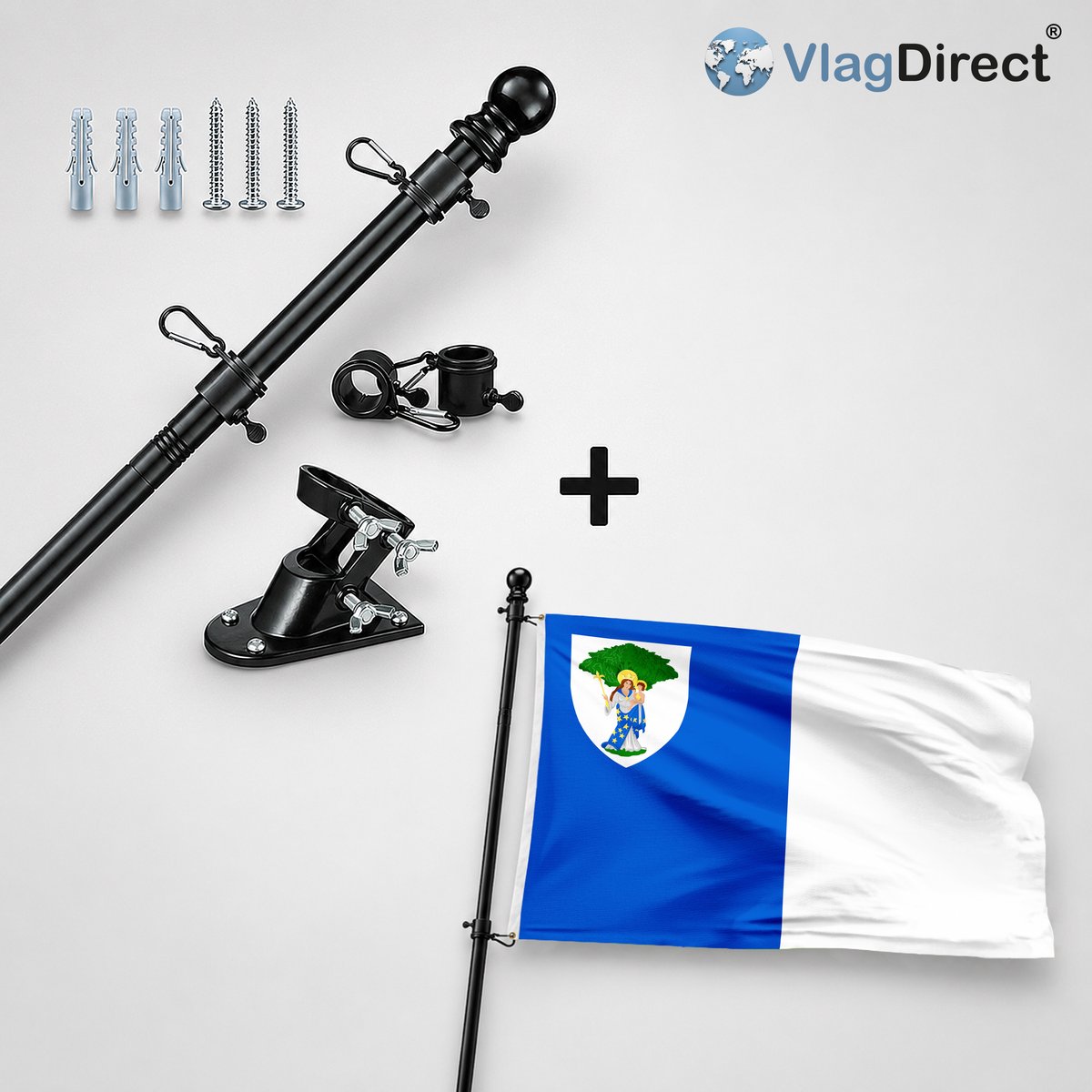 VlagDirect - Compleet vlaggenpakket - Zwarte vlaggenstok inclusief vlaggenstokhouder + Boomse vlag - Gemeente Boom vlag - 90 x 150 cm.
