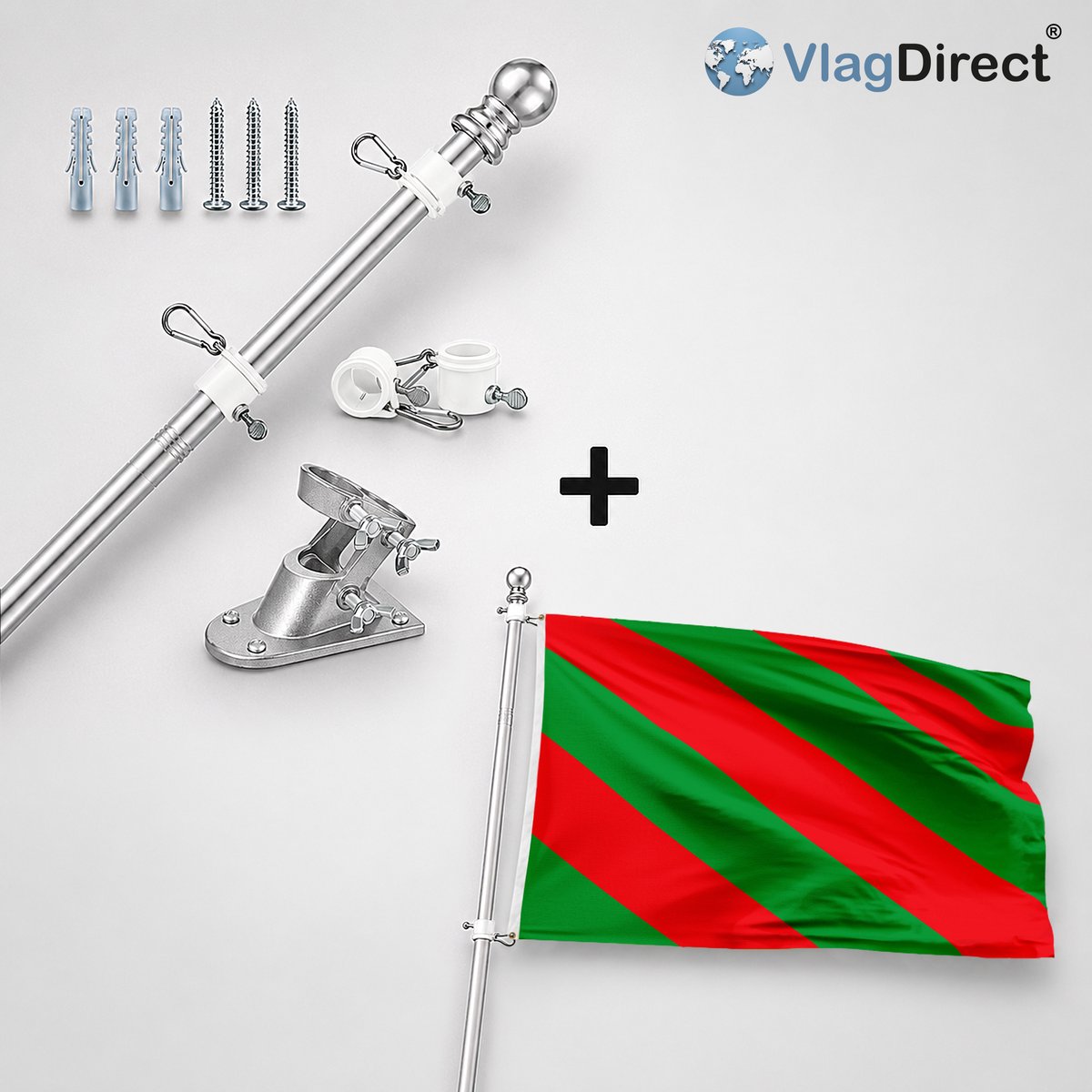 VlagDirect - Compleet vlaggenpakket - Zilveren vlaggenstok inclusief vlaggenstokhouder + Gemeente Aubange vlag - 90 x 150 cm.