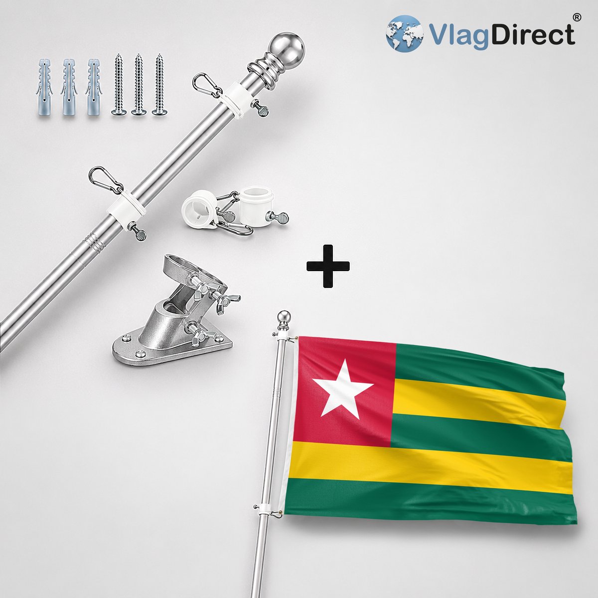 VlagDirect - Compleet vlaggenpakket - Zilveren vlaggenstok inclusief vlaggenstokhouder + Togolese vlag - Togo vlag - 90 x 150 cm