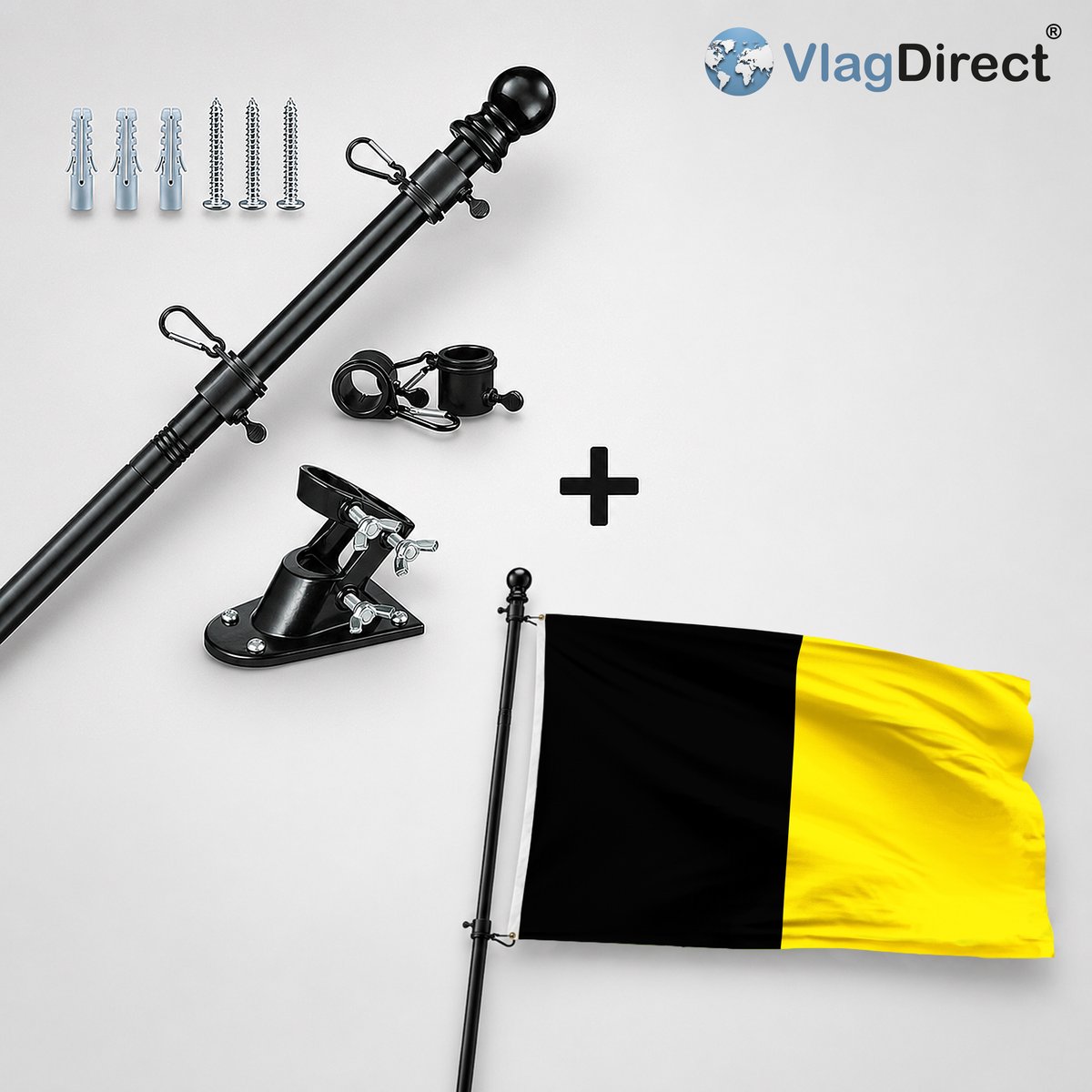 VlagDirect - Compleet vlaggenpakket - Zwarte vlaggenstok inclusief vlaggenstokhouder + Geldenaakse vlag - Gemeente Geldenaken vlag - 90 x 150 cm.