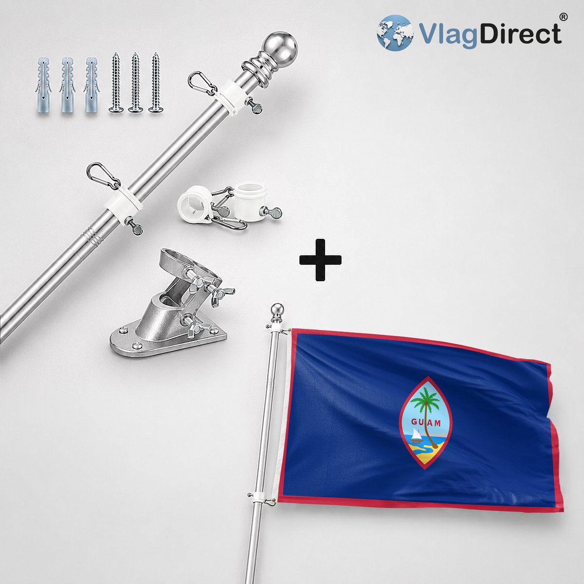 VlagDirect - Compleet vlaggenpakket - Zilveren vlaggenstok inclusief vlaggenstokhouder + Guamese vlag - Guam vlag - 90 x 150 cm.