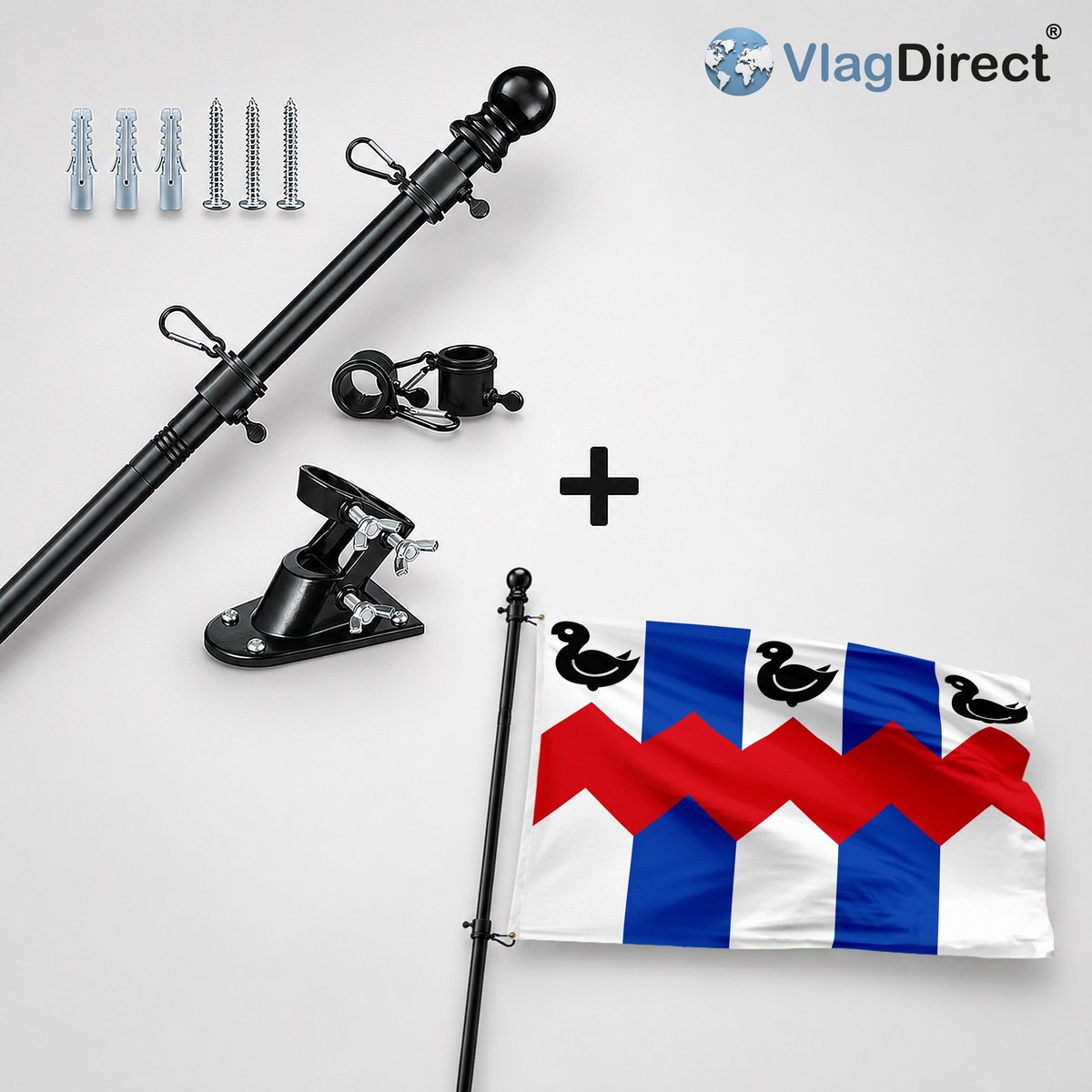 VlagDirect - Compleet vlaggenpakket - Zwarte vlaggenstok inclusief vlaggenstokhouder + Hemiksemse vlag - Gemeente Hemiksem vlag - 90 x 150 cm.