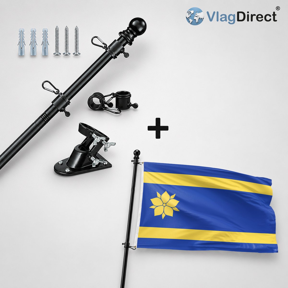 VlagDirect - Compleet vlaggenpakket - Zwarte vlaggenstok inclusief vlaggenstokhouder + Hattem vlag - Gemeente Hattem vlag - 90 x 150 cm.