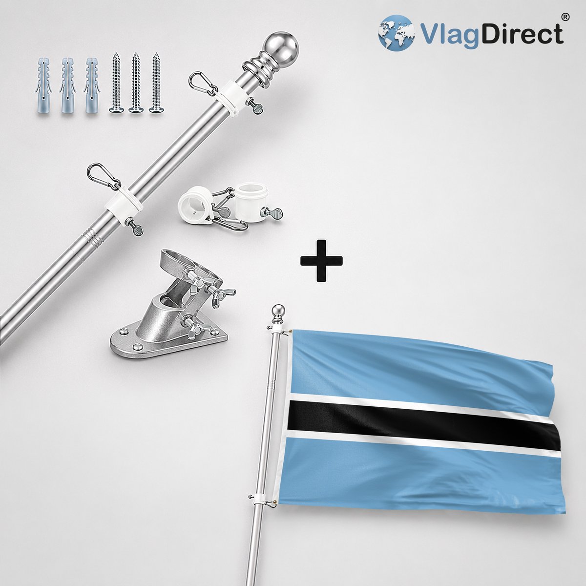 VlagDirect - Compleet vlaggenpakket - Zilveren vlaggenstok inclusief vlaggenstokhouder + Botswaanse vlag - Botswana vlag - 90 x 150 cm.
