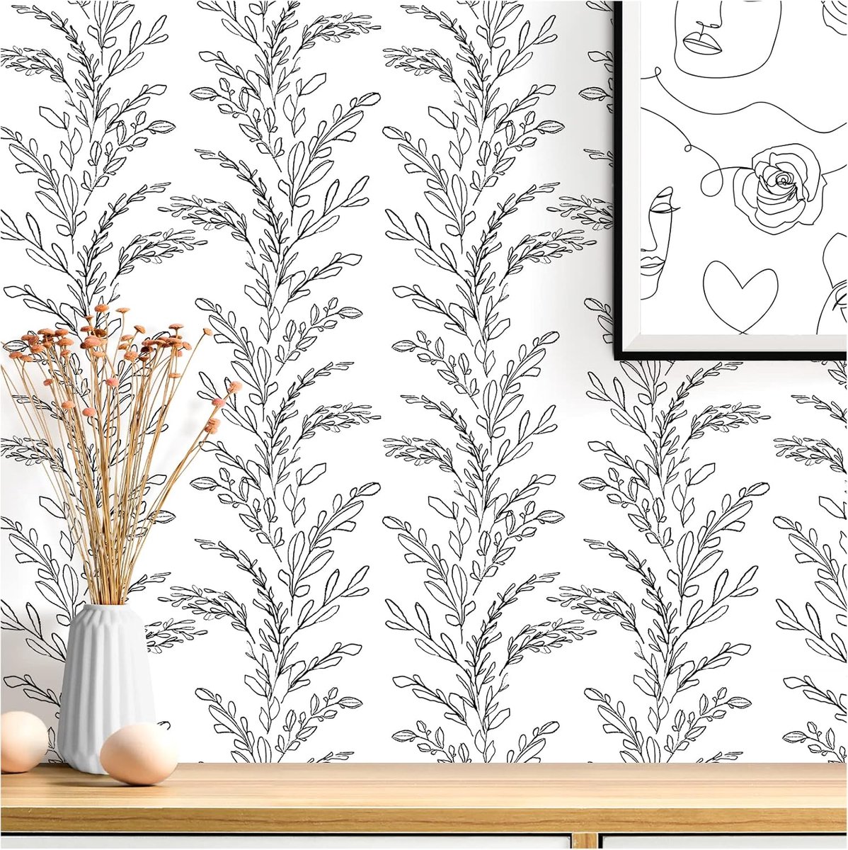 Black and White Floral Wallpaper, 44.5 x 1000cm Floral Self Adhesive Wallpaper Flower Leaf Plants Peel and Stick Wall - ShopVlot