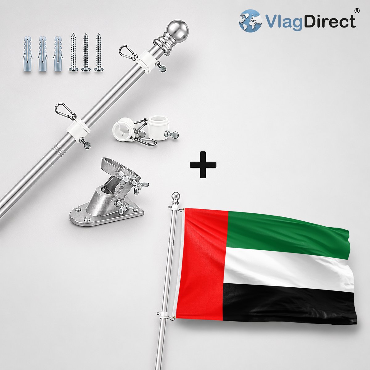 VlagDirect - Compleet vlaggenpakket - Zilveren vlaggenstok inclusief vlaggenstokhouder + Verenigde Emiraten vlag - Dubai vlag - 90 x 150 cm.