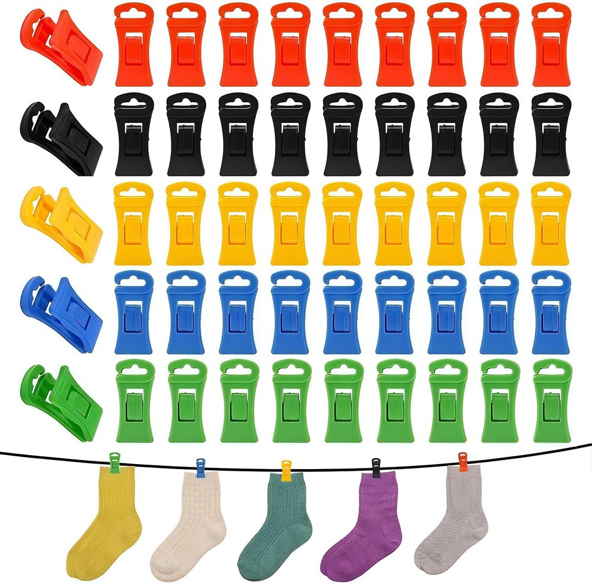 100 stuks sokkenklemmen voor wasmachine en droger, kleurrijke sokkenclips met haken, sokkenklem om te wassen en op te - ShopVlot