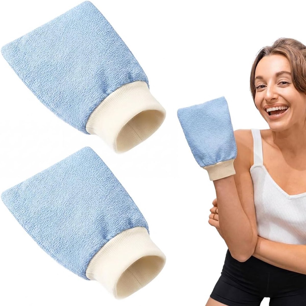 2 blauwe douchehandschoenen, peelinghandschoenen voor het lichaam, van polykatoen, voor reiniging, exfoliëren en - ShopVlot