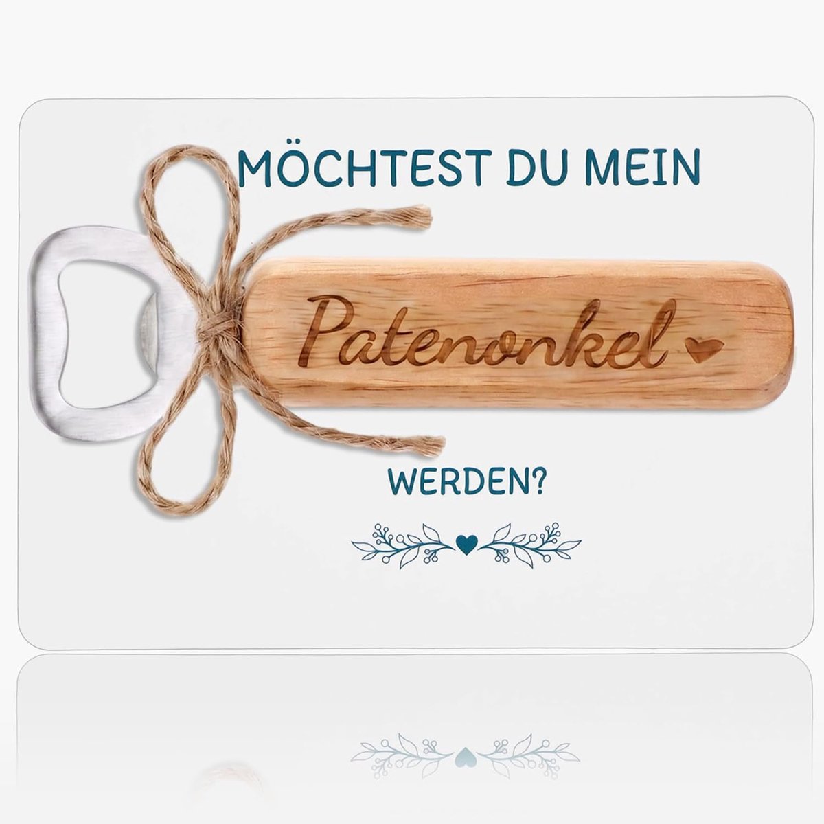 Peetoom vragen wil je mijn peetoom worden, peetoom, cadeau, houten flesopener met kaart, envelop, koord, dooppad - ShopVlot