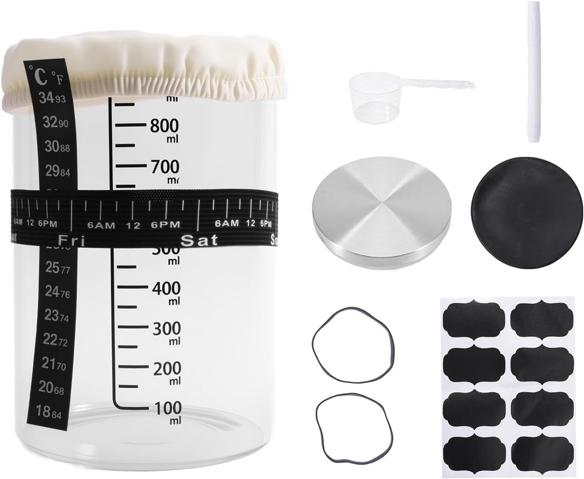 Gistset met glazen container, gistcontainer met deksel van stof en metaal, siliconen spatel, datumlint en thermometer - ShopVlot