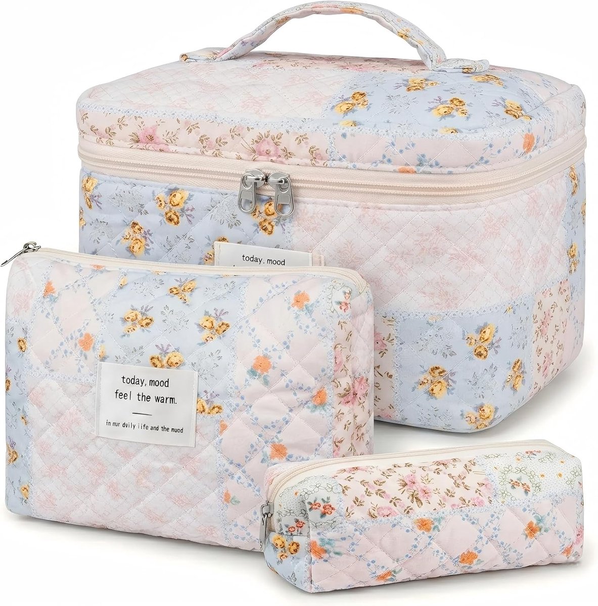 Cosmetische tas, 3-delige set, toilettas voor dames met bloemenpatroon, gewatteerde toilettas, draagbare make-uptas - ShopVlot