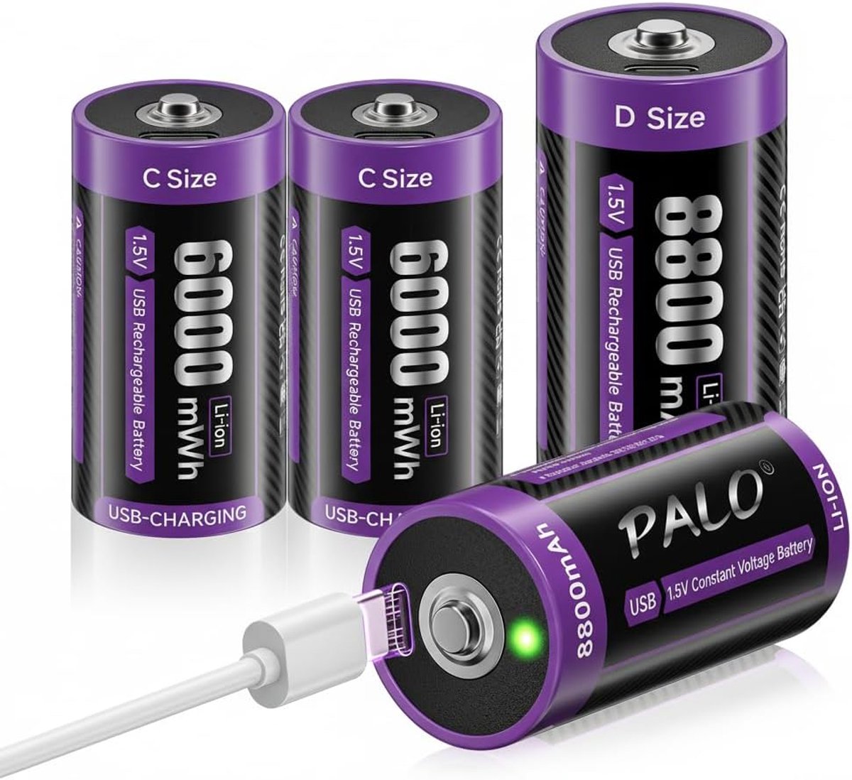[4 Pack] USB-C 1.5V Baby C battery 6000mWh LR14 & batteries D 8800mAh Mono LR20, lithium fast charging Type-C battery - ShopVlot
