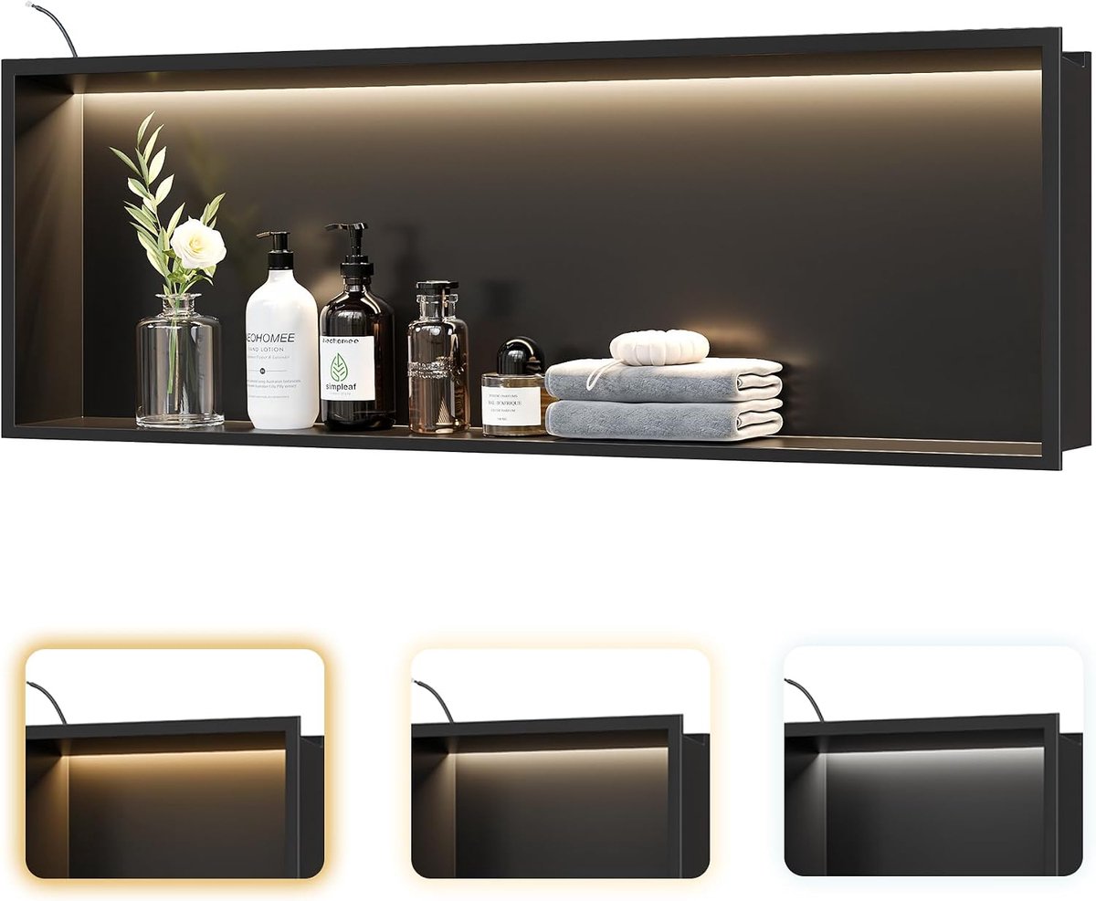 Stainless steel shower recess with LED lighting, Built-in shower unit 90x30 cm with 3 colors for storage and - ShopVlot