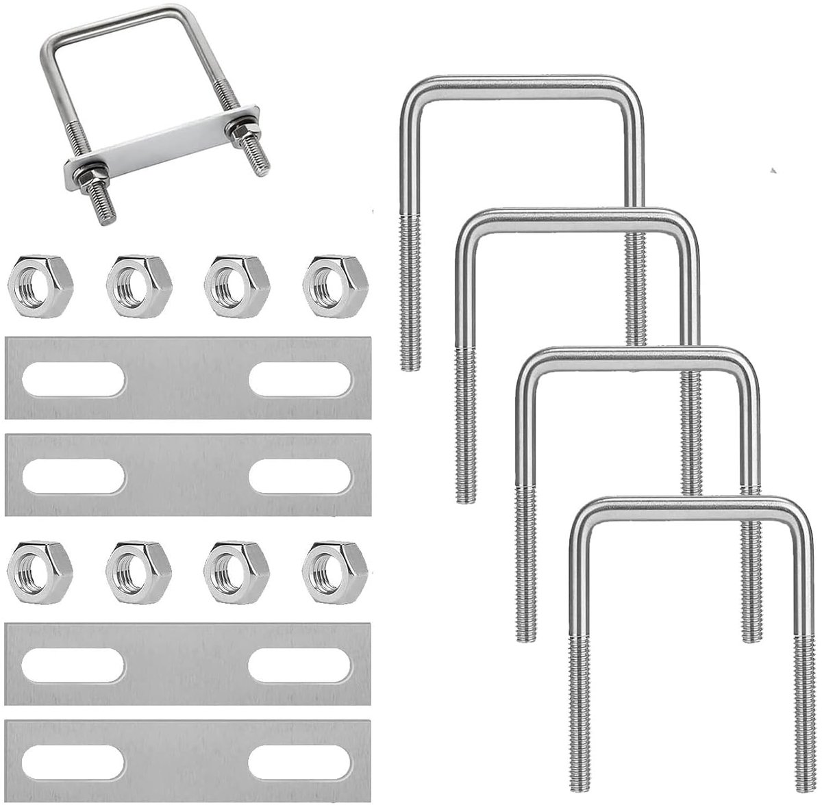 4pcs M8 Stainless Steel U Bolts, 80 x 65 mm, U Bracket, with 8 Nuts and 4 Counter Plate, Bracket Bolts, Square Bracket - ShopVlot