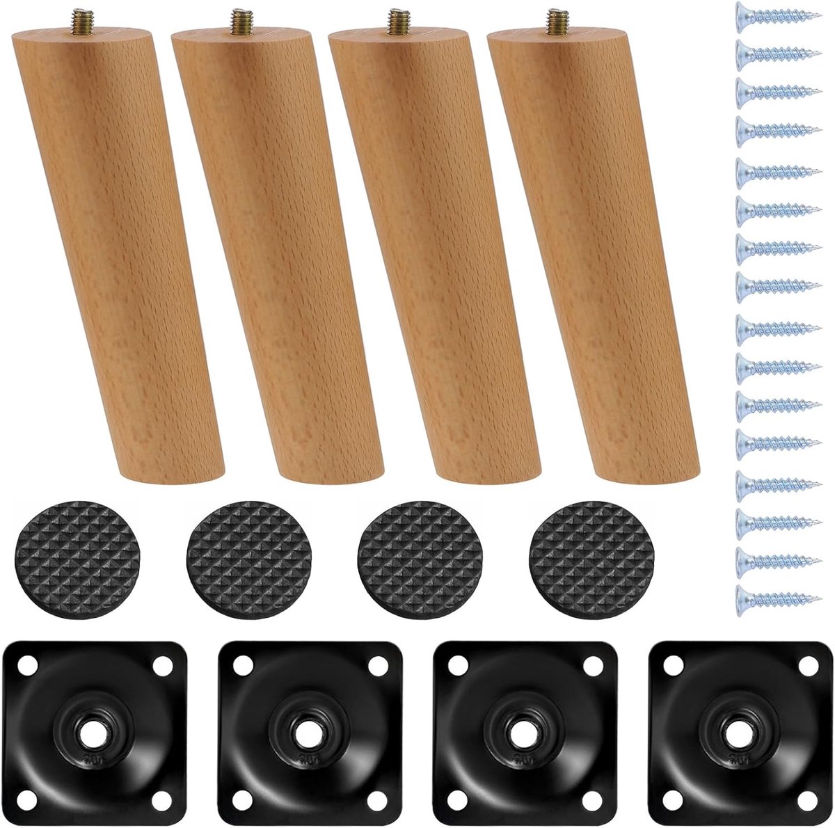 Set of 4 Wooden Furniture Legs, 6 Inch Solid Tapered Wooden Bench Legs, Replacement Furniture Legs with Mounting - ShopVlot