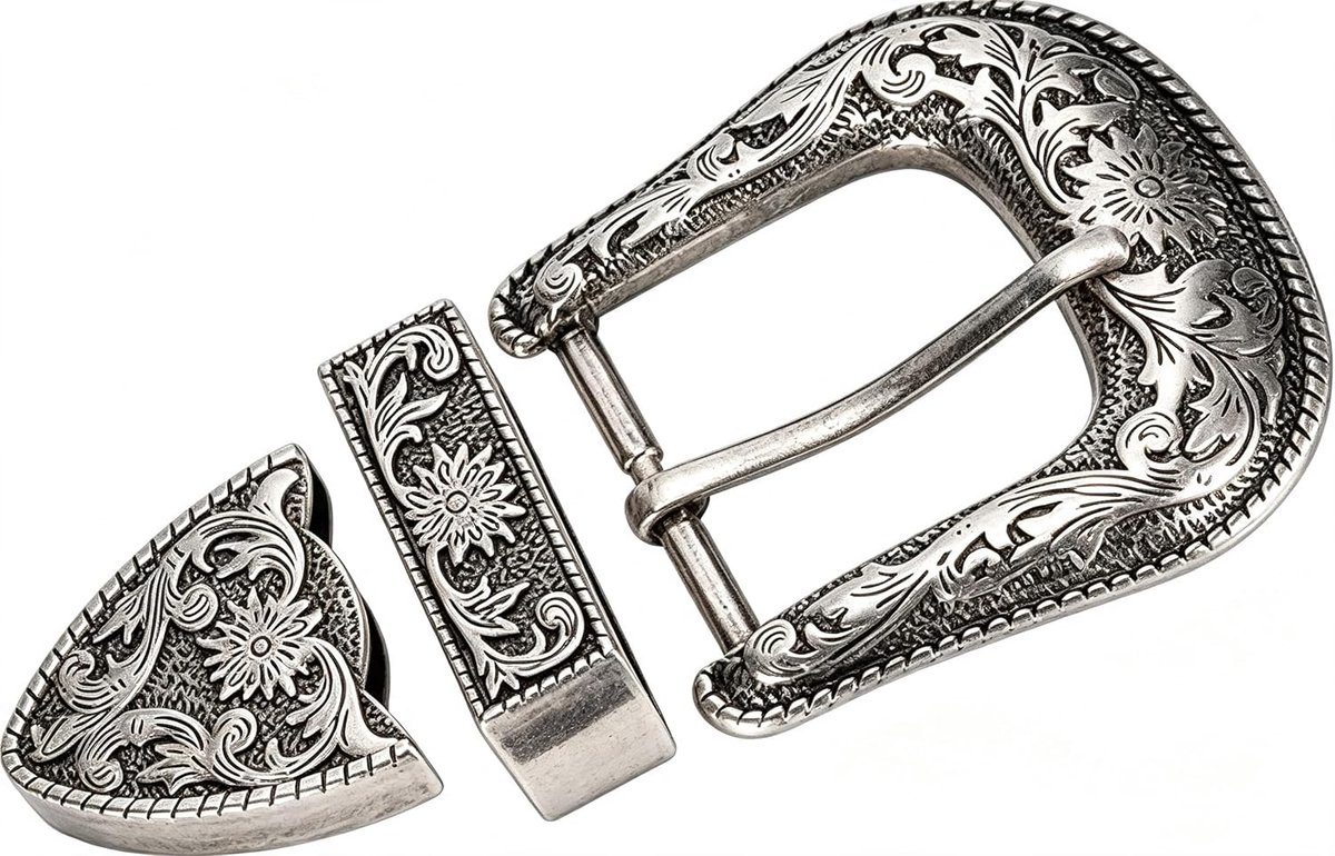 Waist Belt Buckle Set, Western Cowboy Alloy Rodeo Buckles Vintage Style Handmade Engraved Floral Polished Leather - ShopVlot