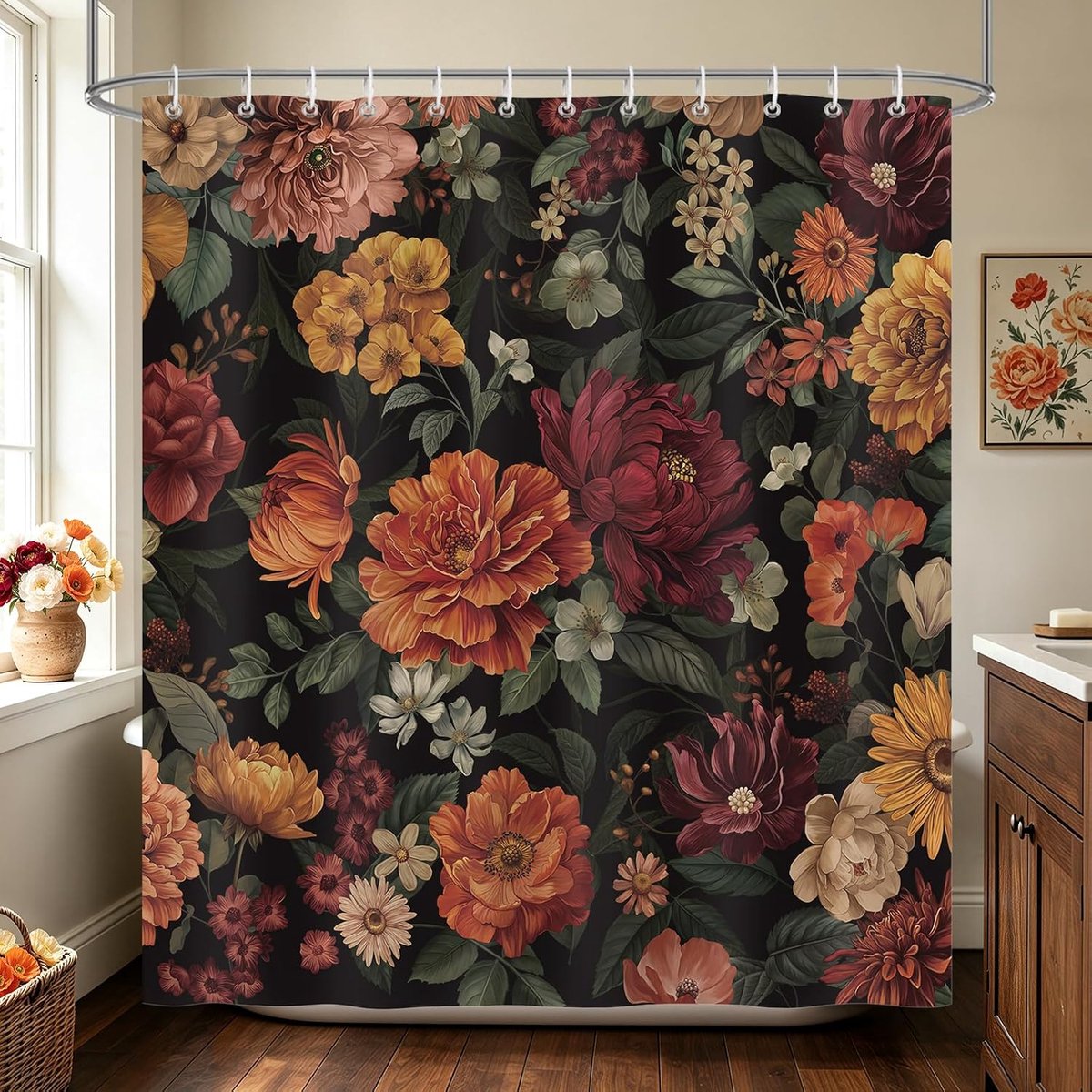 Vintage douchegordijn met donkere bloemen, zwart, boho, bloemen, bloemen, bloemen, boerderij, badkamer, gordijn, 180 x - ShopVlot