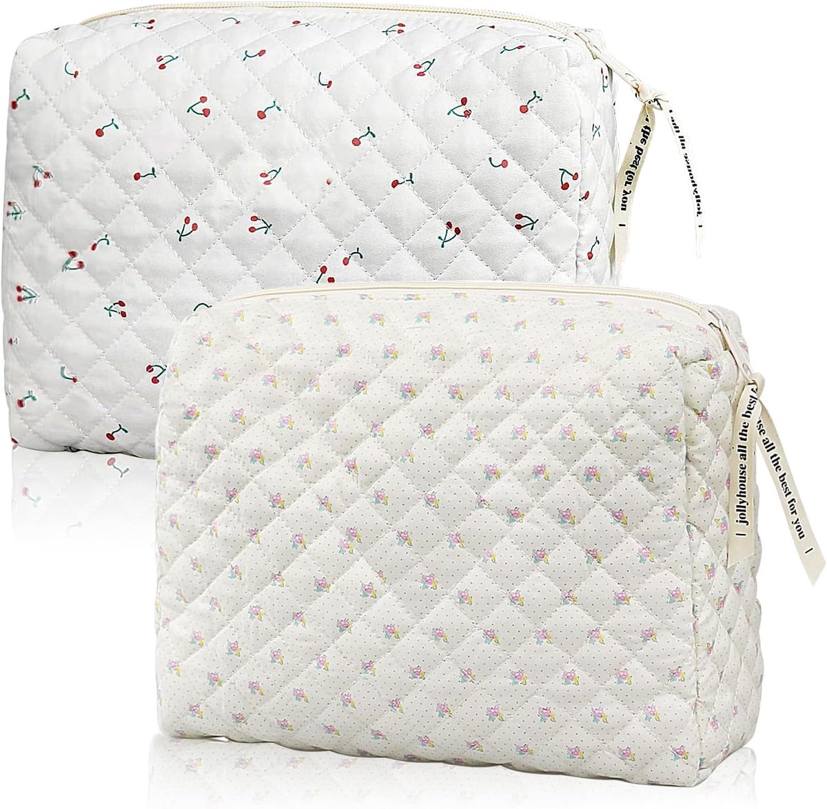 2 Pcs Floral Makeup Bag - Large Padded Cotton Toiletry Bag for Travel and Skin Care - ShopVlot