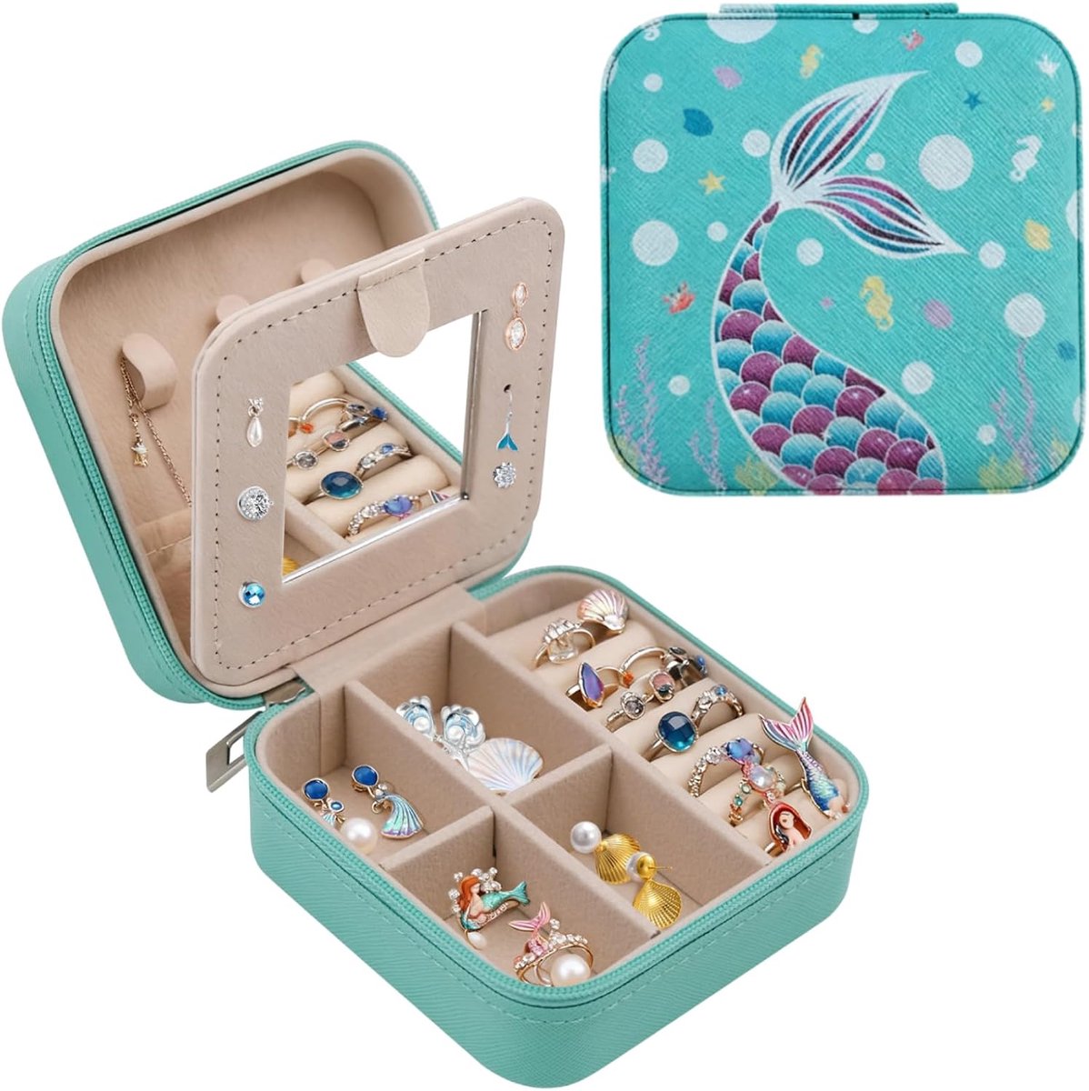 Mermaid Jewellery Box for Girls, Travel Jewellery Box, Small Jewellery Case with Mirror, Earrings, Necklace and Ring - ShopVlot