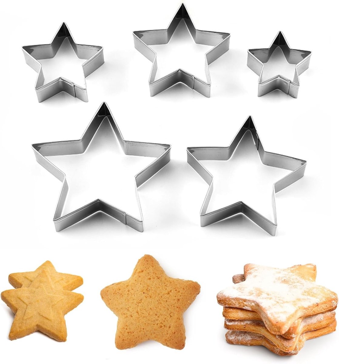 Set van 5 RVS Stervormige Uitsteekvormpjes voor Kerst, Bakgereedschap voor Feestdagen, Taartdecoratie en Bakken