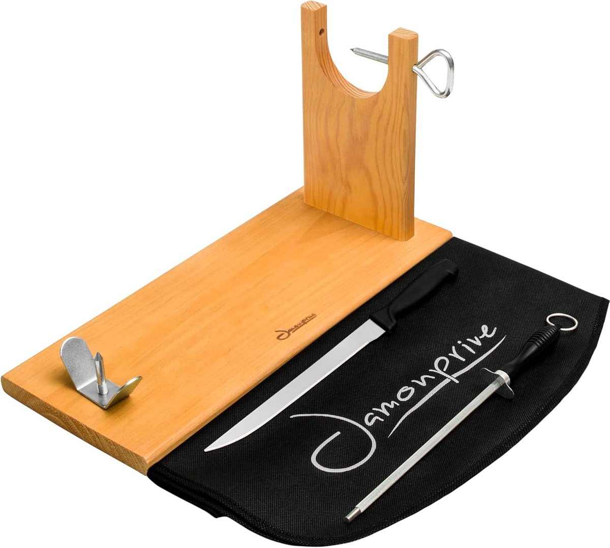 Hamhouder met mes - Houten hamhouder - Inclusief hammes en slijper - Ideaal voor Serrano en Iberisch - ShopVlot